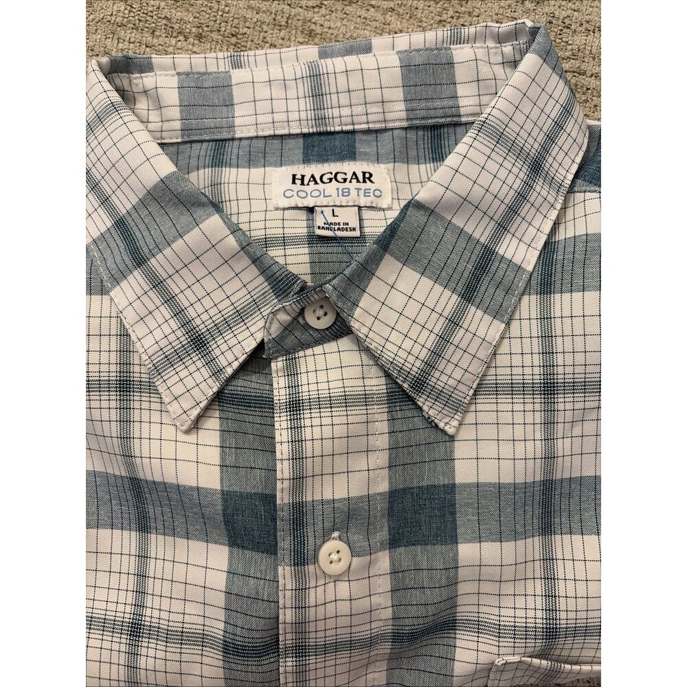 Haggar Cool 18 Tec Shirt Mens L Green Plaid Short Sleeve Button Front Polyest